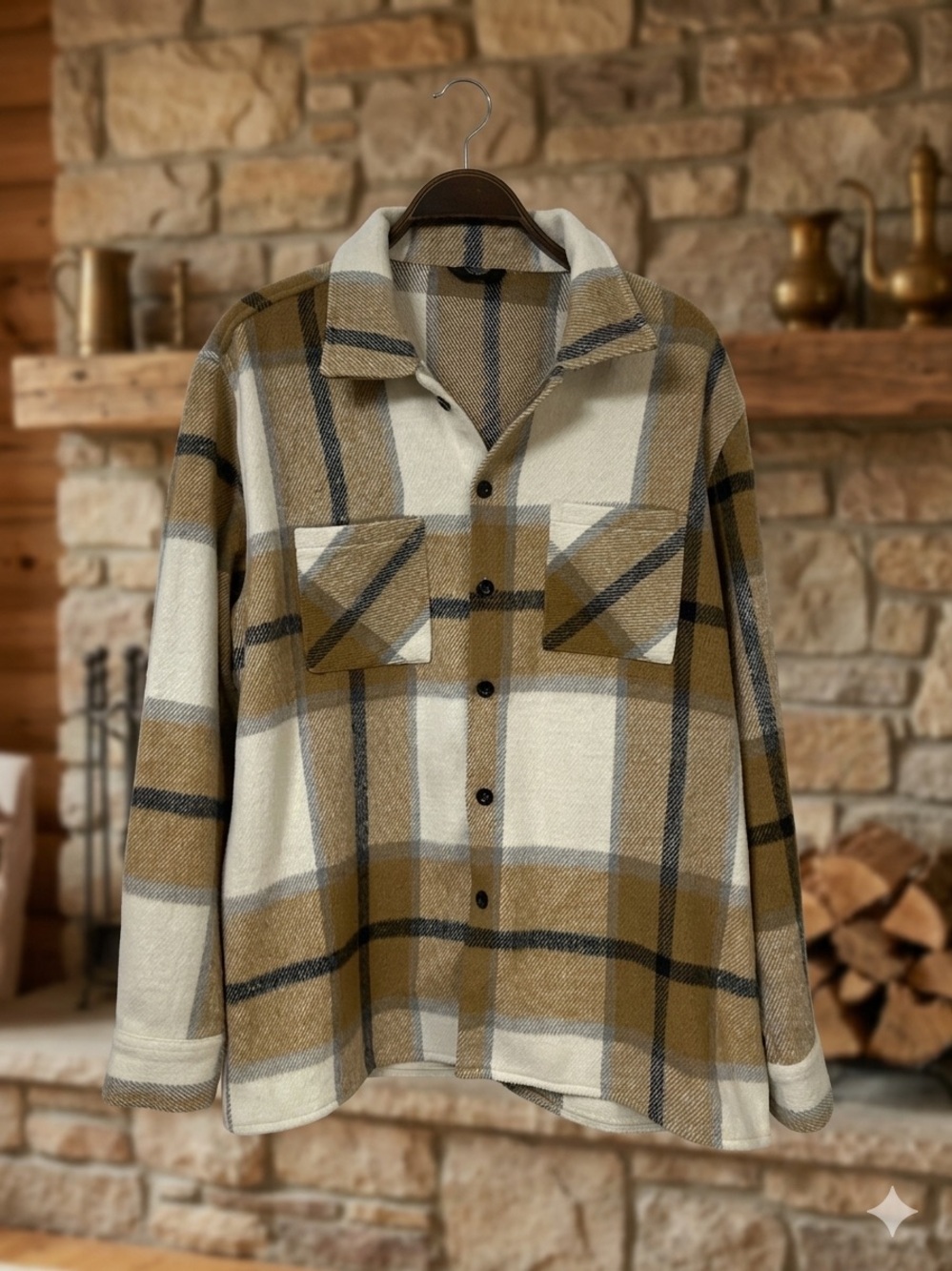 Women’s Plaid Button-Up Shacket in Cream and Brown